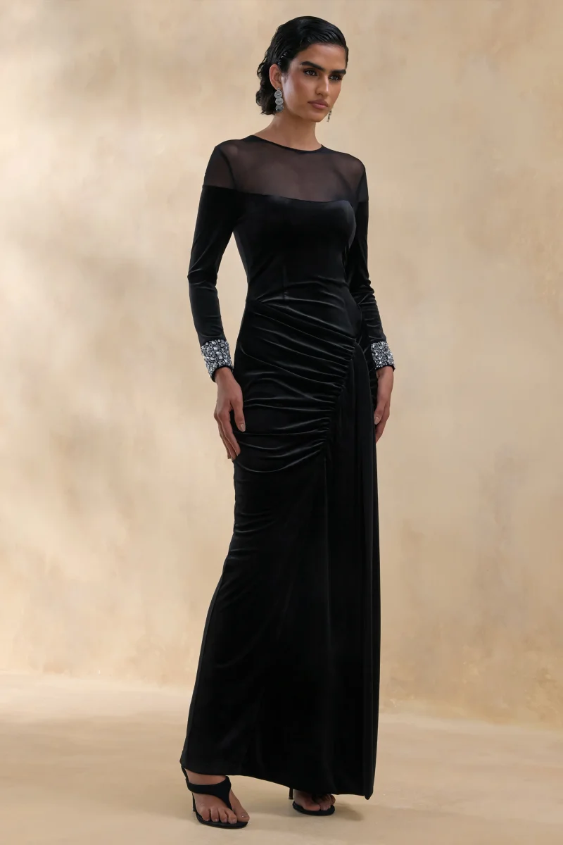 Perrin | Vestido Largo Negro con Escote Alto y Puños Bordados - Imagen 6