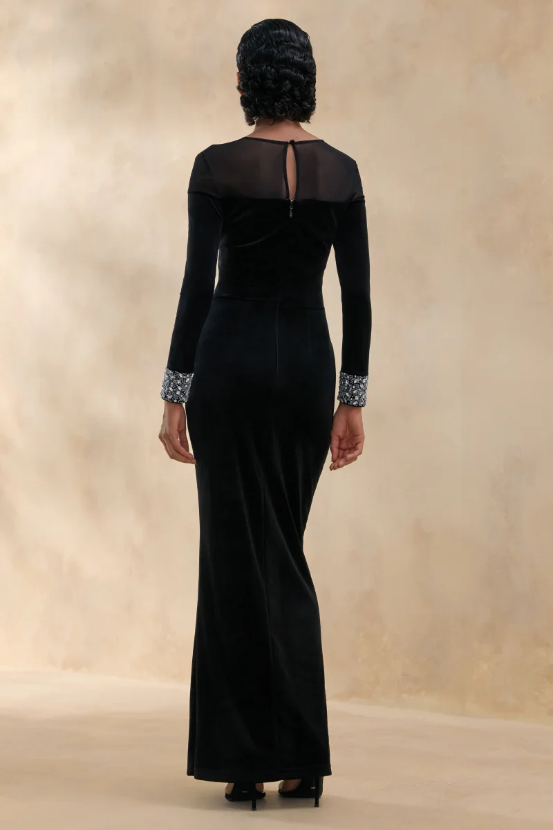 Perrin | Vestido Largo Negro con Escote Alto y Puños Bordados - Imagen 3