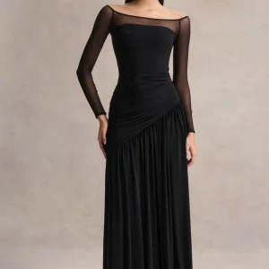 Bexley | Vestido Largo negro drapeado de cuello Bardot con mangas largas de malla