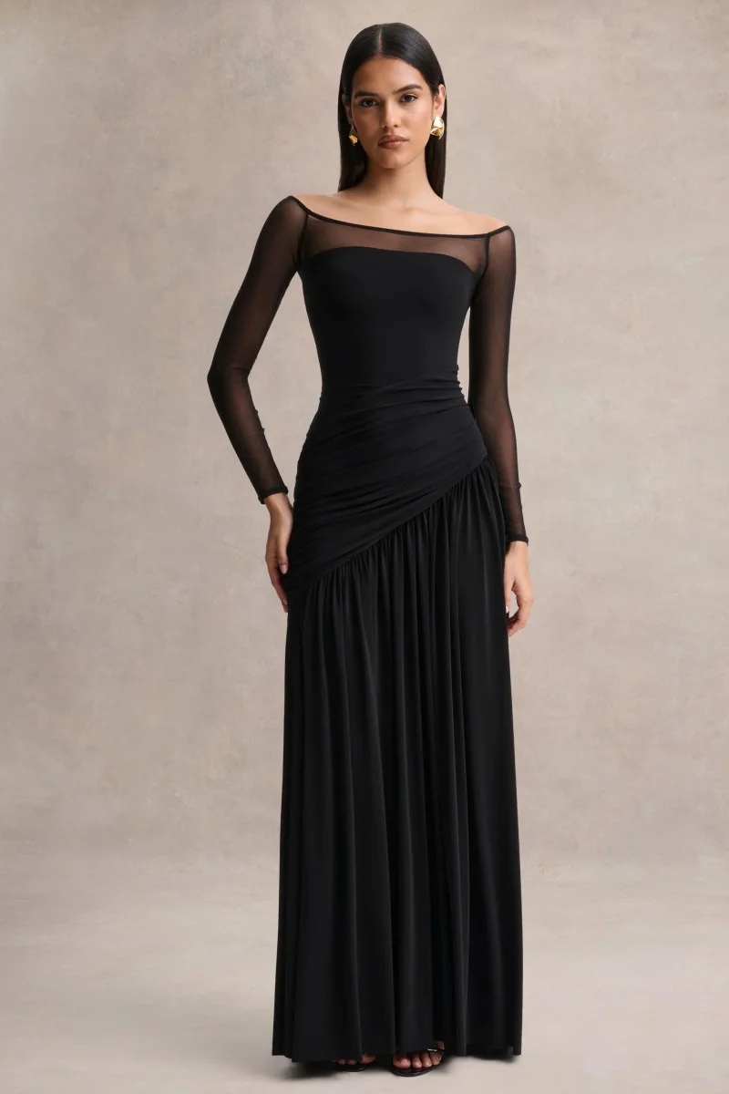 Bexley | Vestido Largo negro drapeado de cuello Bardot con mangas largas de malla - Imagen 2
