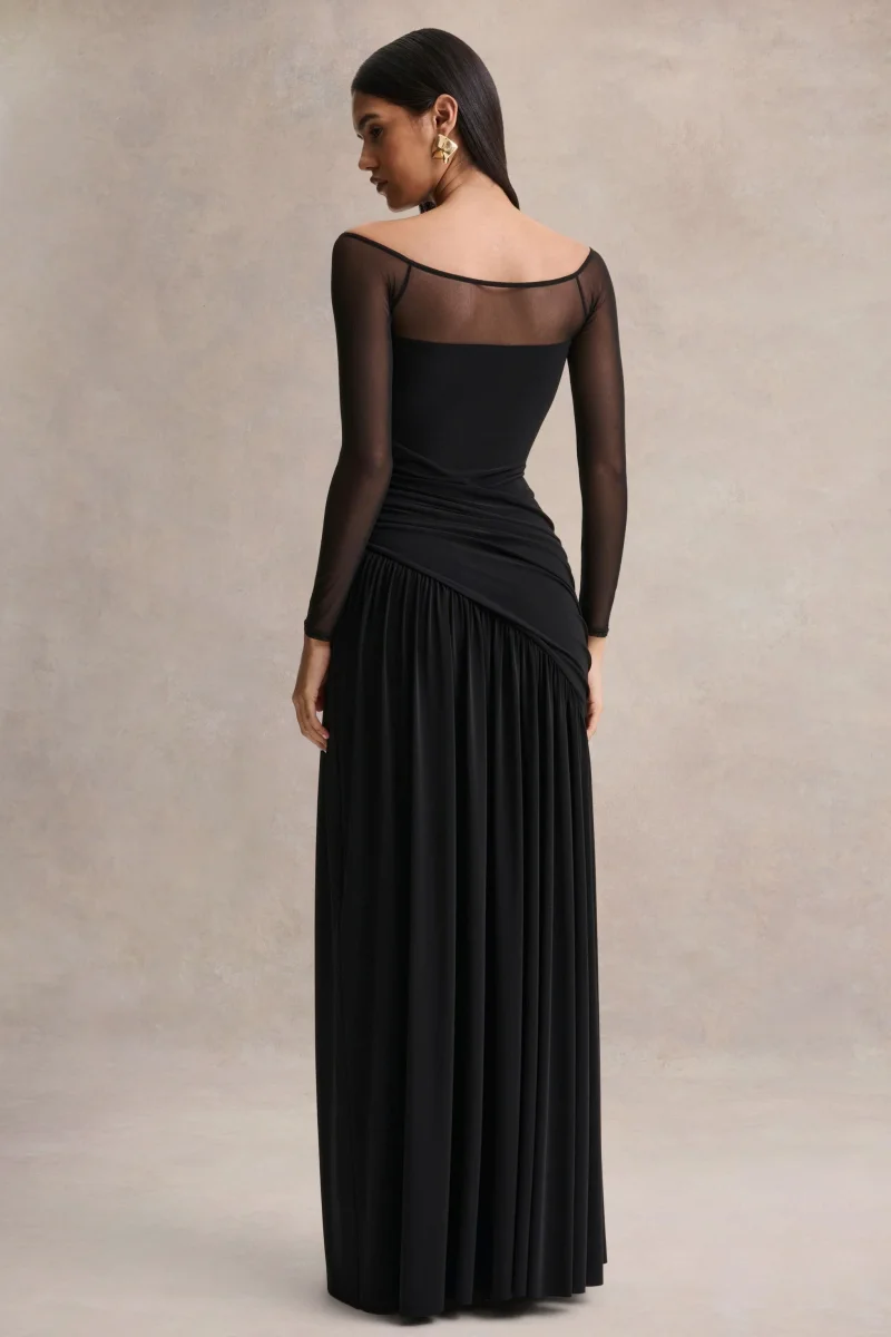 Bexley | Vestido Largo negro drapeado de cuello Bardot con mangas largas de malla - Imagen 3
