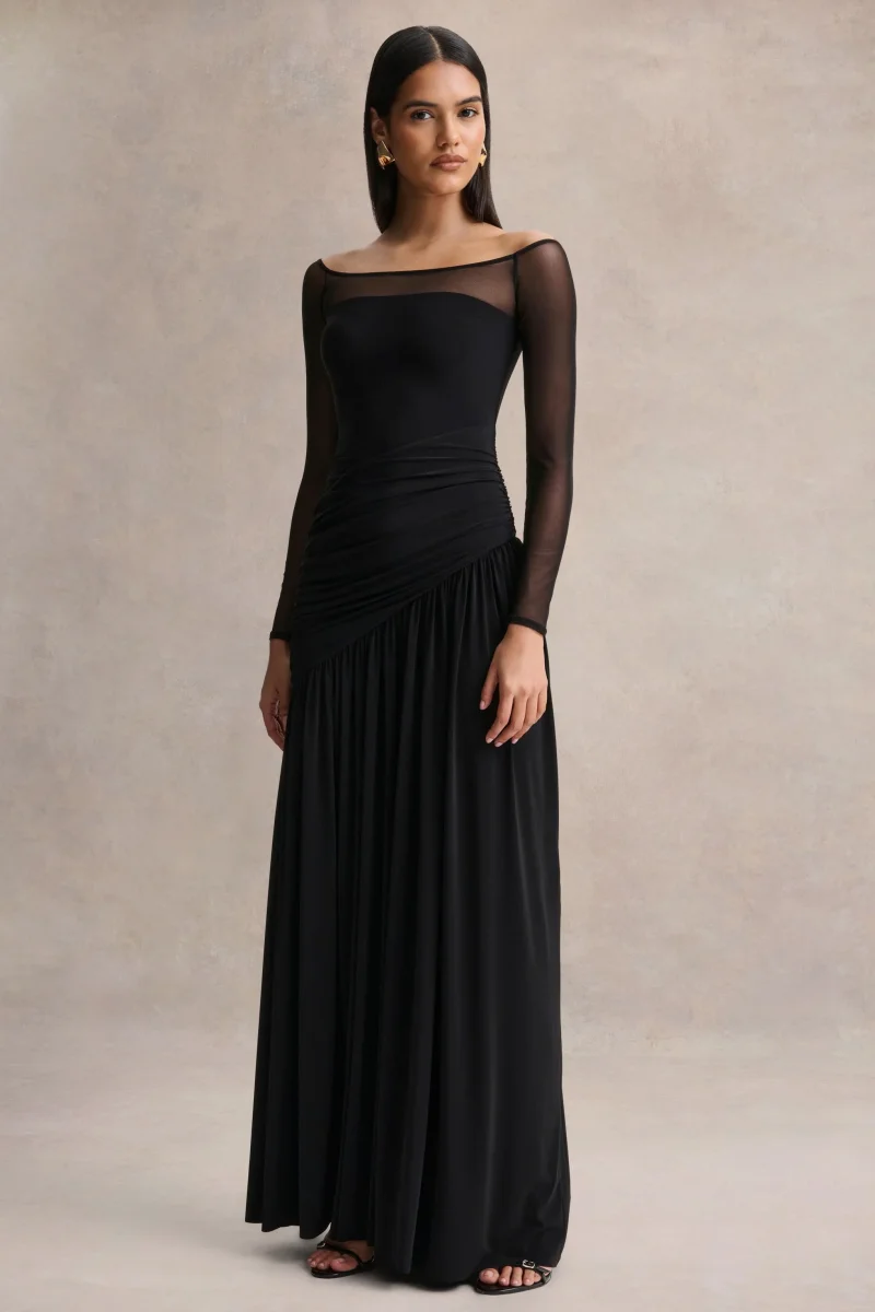 Bexley | Vestido Largo negro drapeado de cuello Bardot con mangas largas de malla - Imagen 5