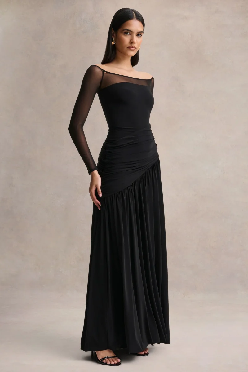 Bexley | Vestido Largo negro drapeado de cuello Bardot con mangas largas de malla - Imagen 6