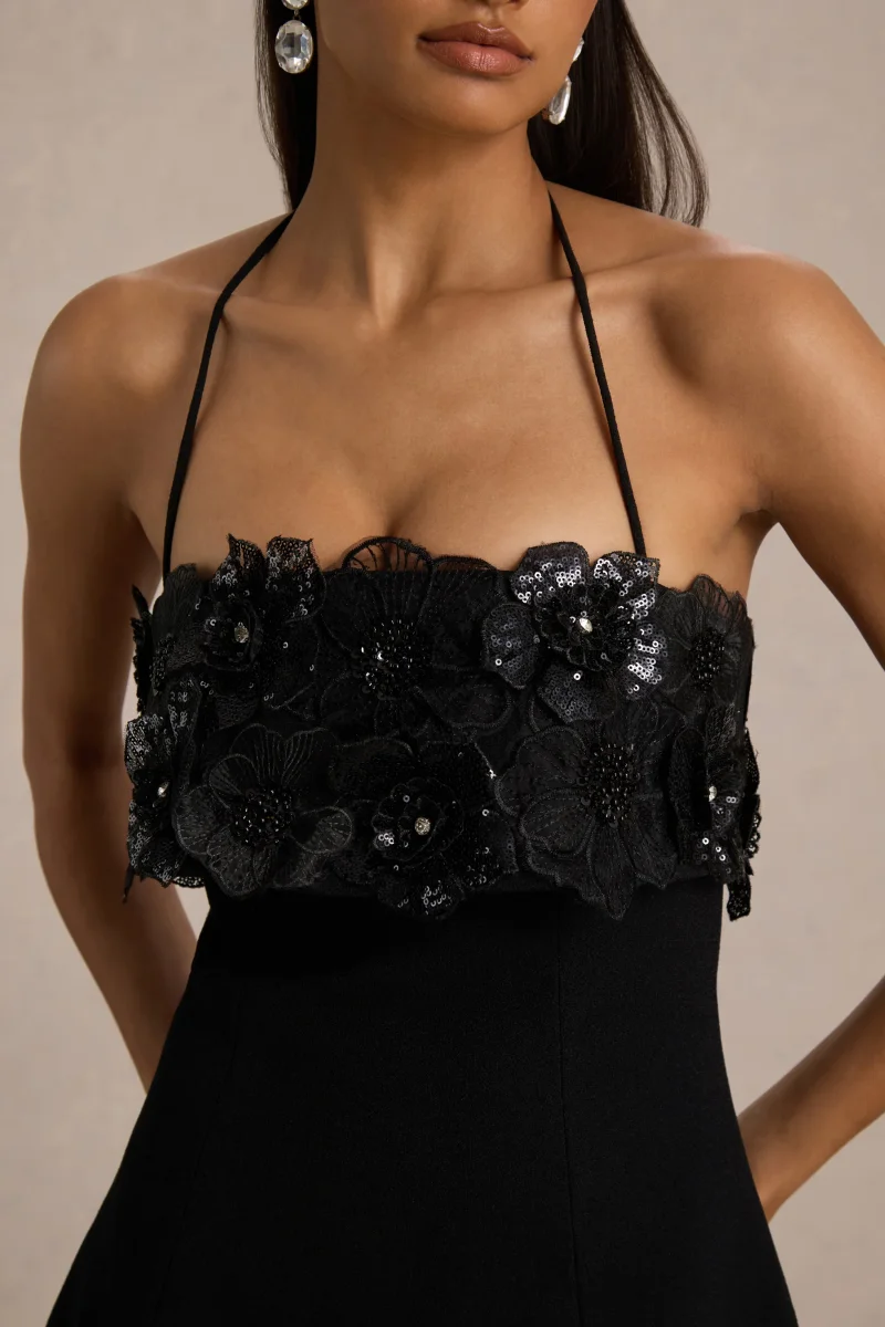 Tempest | Vestido corto negro con escote halter y panel ornamentado - Imagen 4