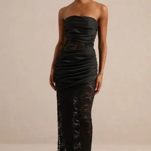 Dulcie | Vestido Largo de encaje y satén negro con escote bandeau y detalle envolvente