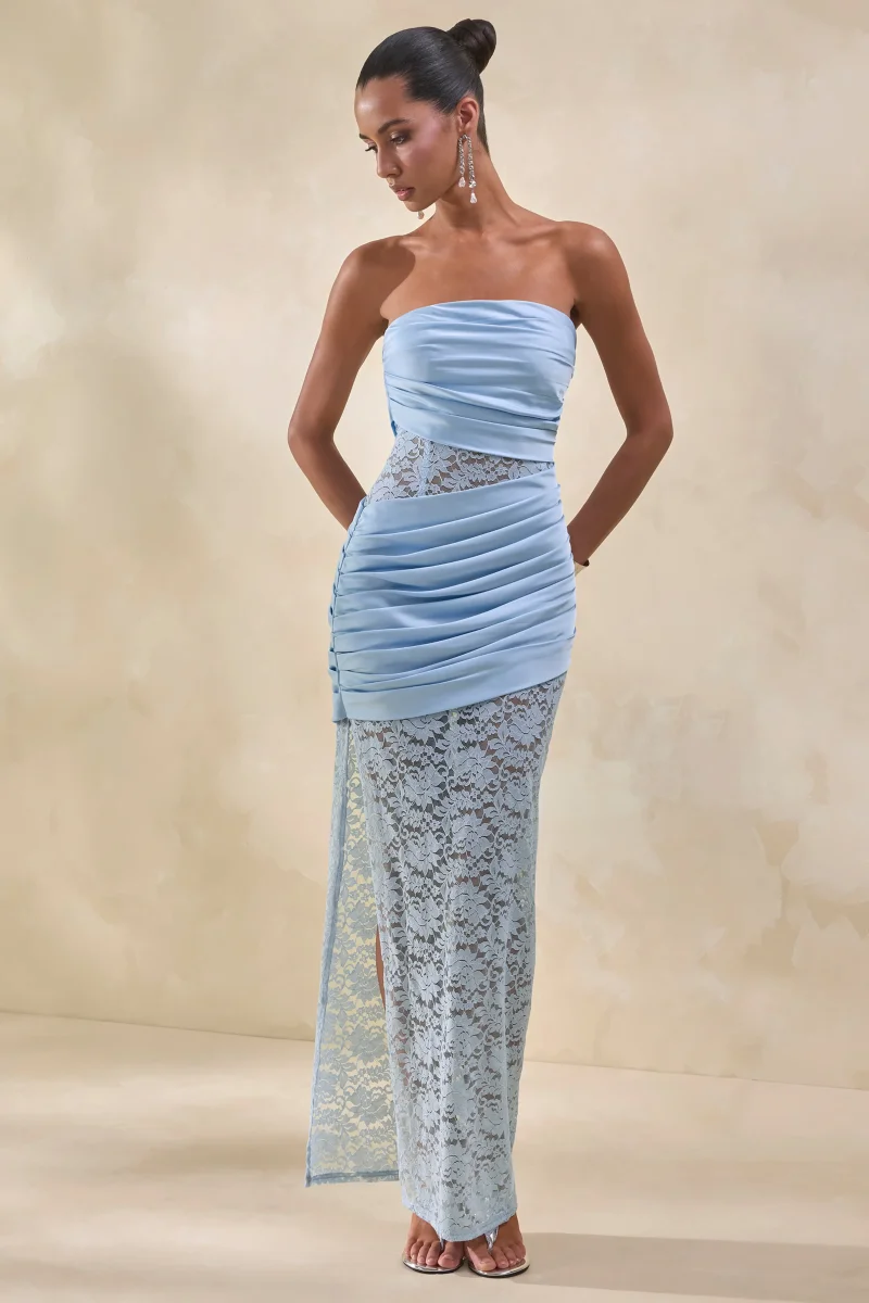 Dulcie | Vestido Largo Azul celeste de Encaje y Satén Bandeau con Detalle Cruzado - Imagen 6