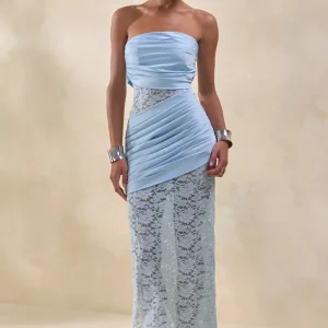 Dulcie | Vestido Largo Azul celeste de Encaje y Satén Bandeau con Detalle Cruzado