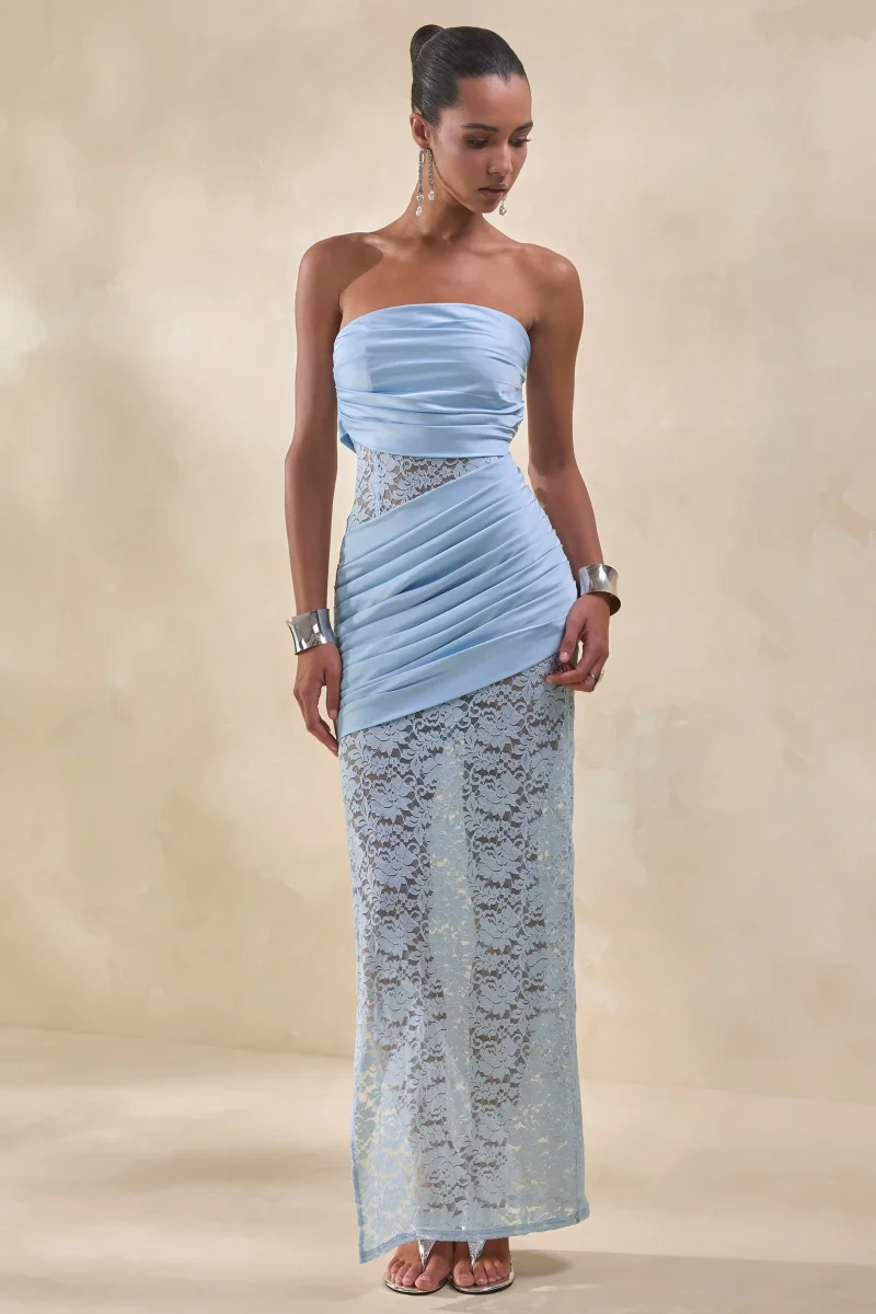 Dulcie | Vestido Largo Azul celeste de Encaje y Satén Bandeau con Detalle Cruzado