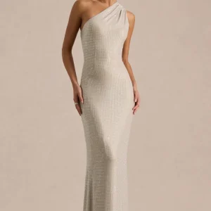 Deity | Vestido largo plateado con escote asimétrico y espalda descubierta