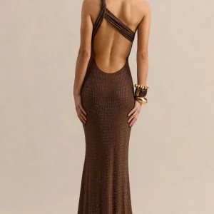 Deity | Vestido Largo Marrón Con Adornos, Cuello Asimétrico Y Espalda Abierta