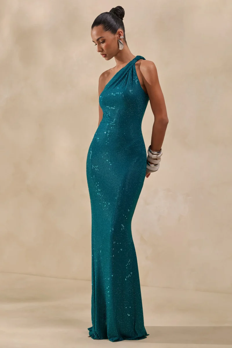 Deity | Vestido Largo Verde Azulado Con Adornos, Escote Asimétrico Y Espalda Abierta - Imagen 8