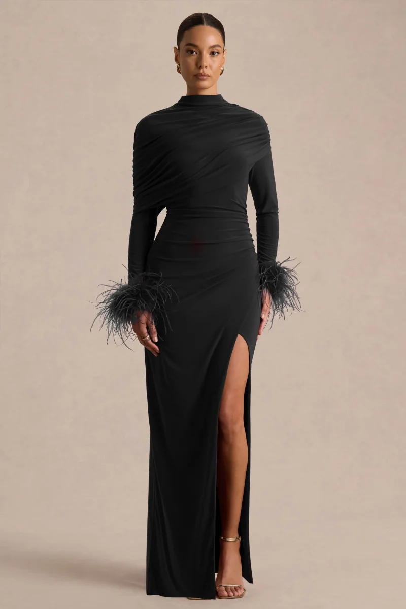 Gatsby | Vestido Largo Negro De Jersey Con Cuello Alto Y Puños Con Plumas - Imagen 6