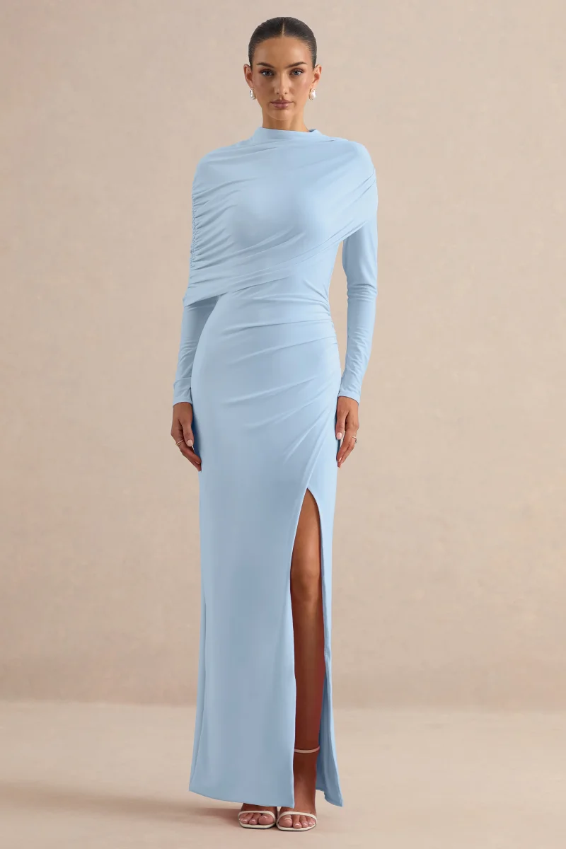 Gatsby | Vestido Largo Azul Claro De Jersey Con Cuello Alto Y Puños Con Plumas - Imagen 5