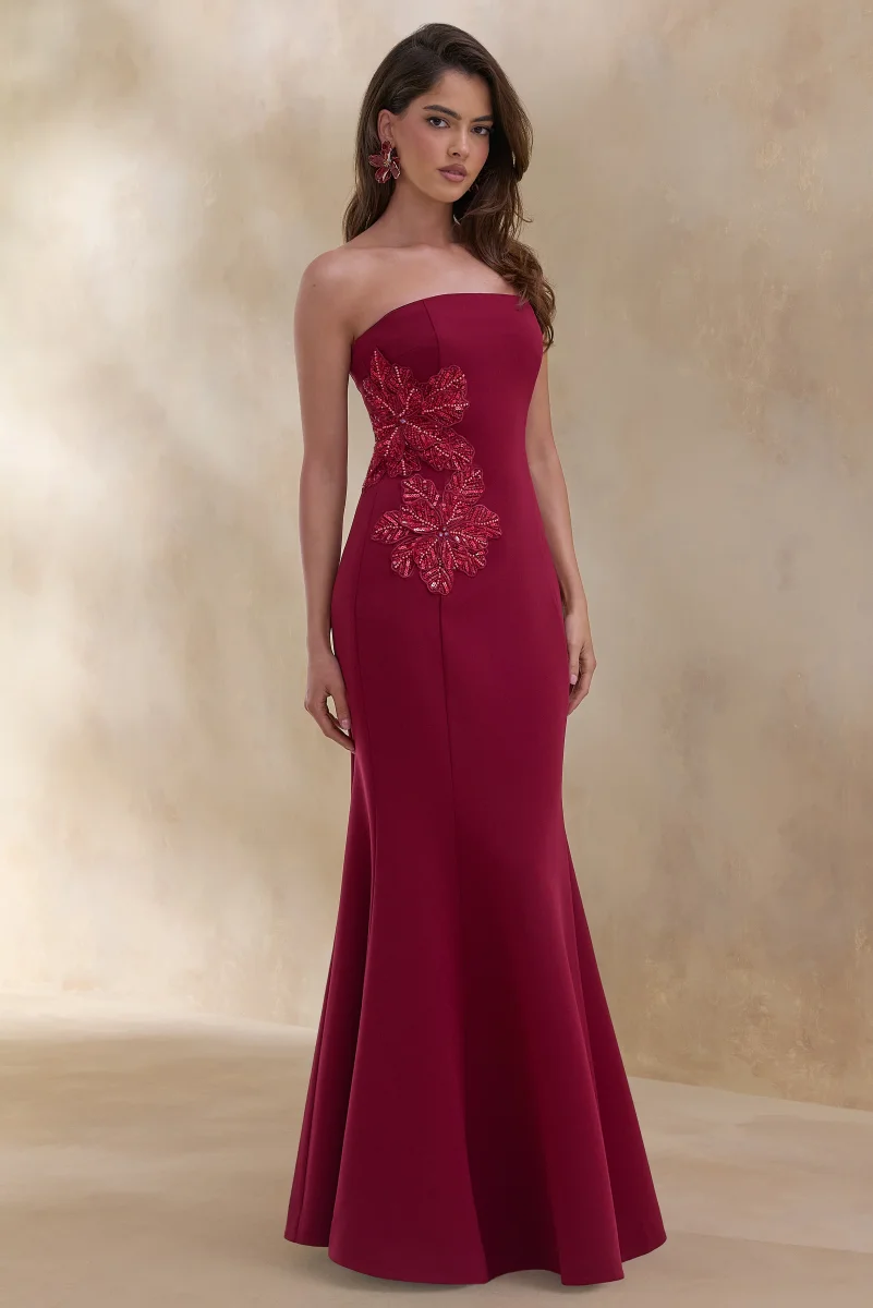 Aylana | Vestido largo bandeau color burdeos con detalles adornados - Imagen 5