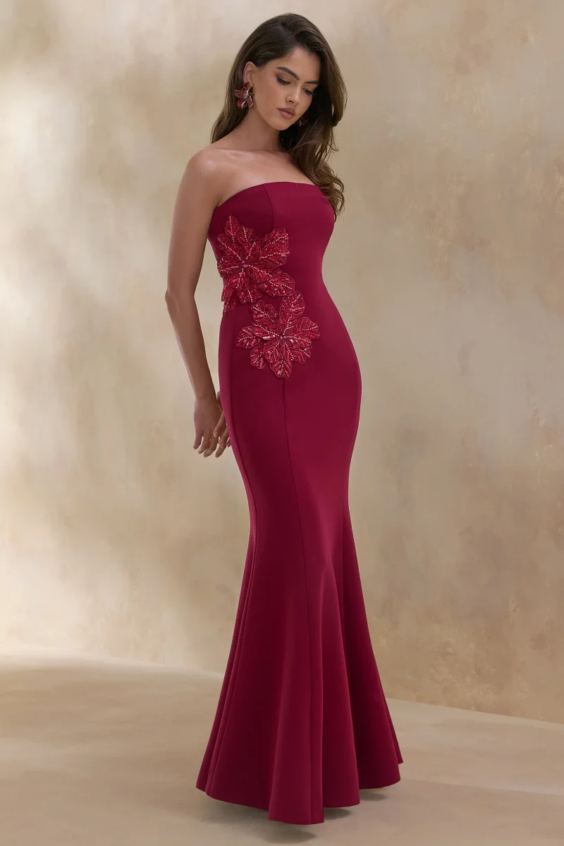 Aylana | Vestido largo bandeau color burdeos con detalles adornados - Imagen 6