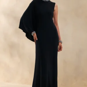 Oriana | Negro Vestido Largo con Cuello Alto Adornado y Una Sola Manga Tipo Capa