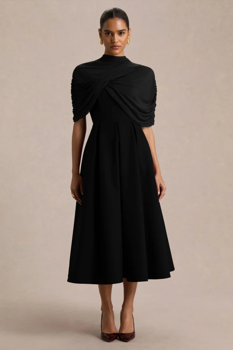 Thalia | Vestido Midi Negro de Cuello Alto y capa de malla transparente - Imagen 2