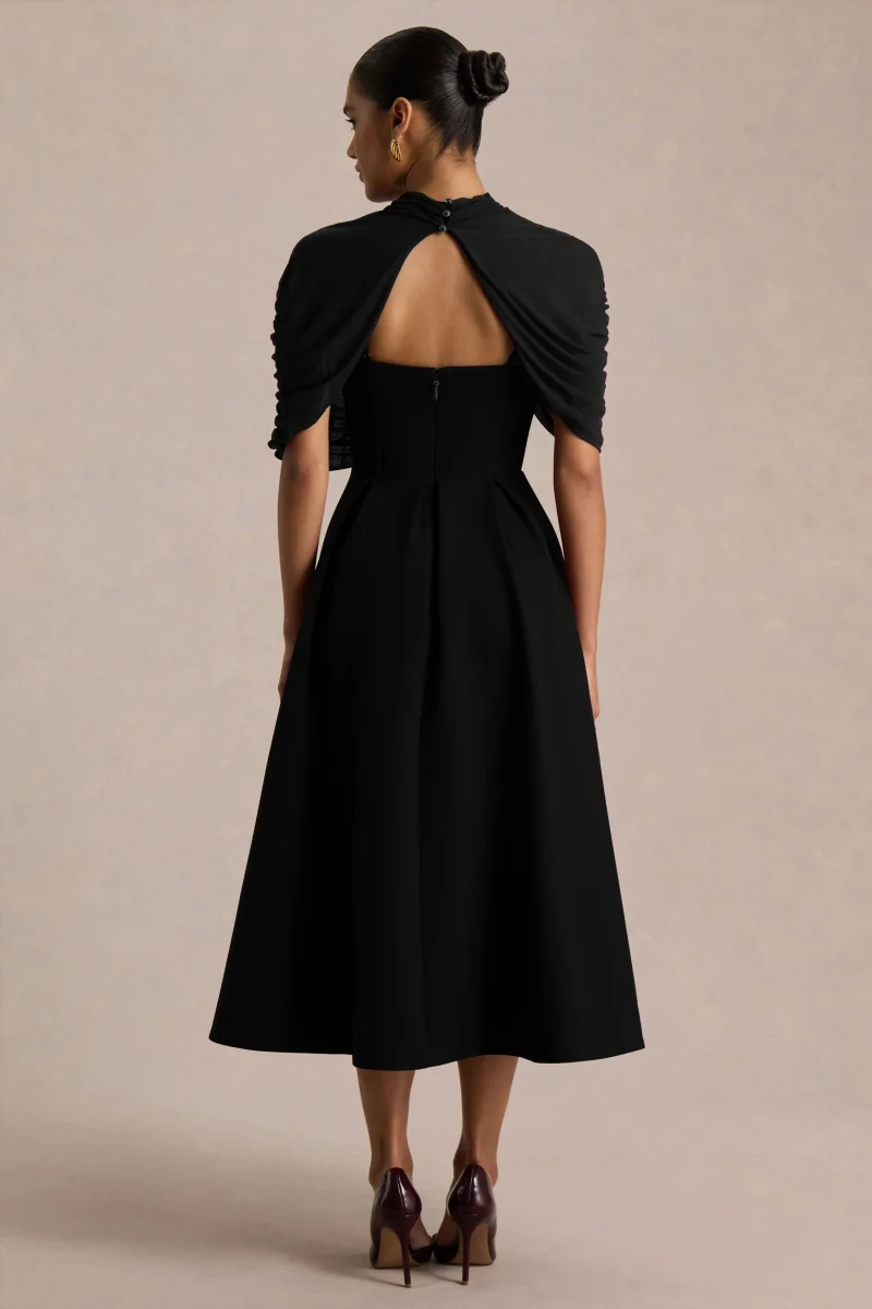 Thalia | Vestido Midi Negro de Cuello Alto y capa de malla transparente - Imagen 3