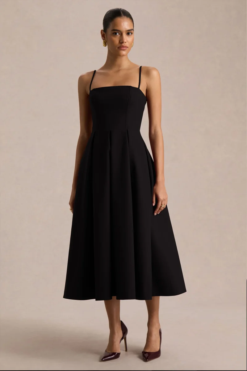 Thalia | Vestido Midi Negro de Cuello Alto y capa de malla transparente - Imagen 5