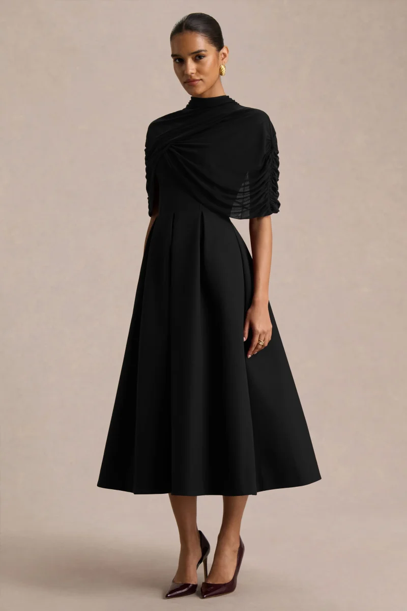 Thalia | Vestido Midi Negro de Cuello Alto y capa de malla transparente - Imagen 6