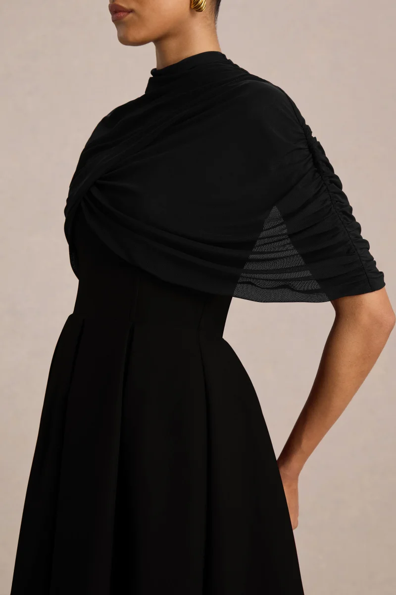Thalia | Vestido Midi Negro de Cuello Alto y capa de malla transparente - Imagen 4