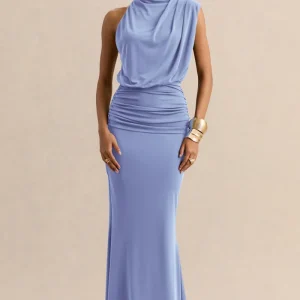 Umaira | Azul Celeste Cuello Alto Vestido Largo