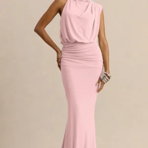 Umaira | Vestido Largo Rosa Pastel Con Cuello Alto