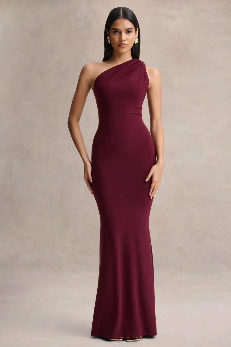 Ottilie | Vestido largo burdeos con escote asimétrico - Imagen 3