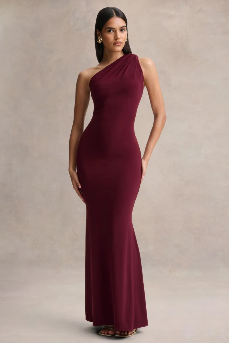 Ottilie | Vestido largo burdeos con escote asimétrico - Imagen 7