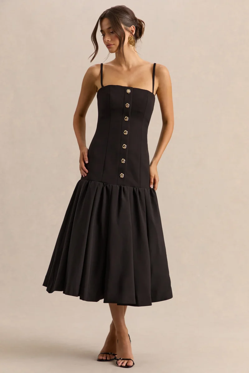 Briella | Vestido midi negro con escote bandeau y detalles de botones dorados - Imagen 5
