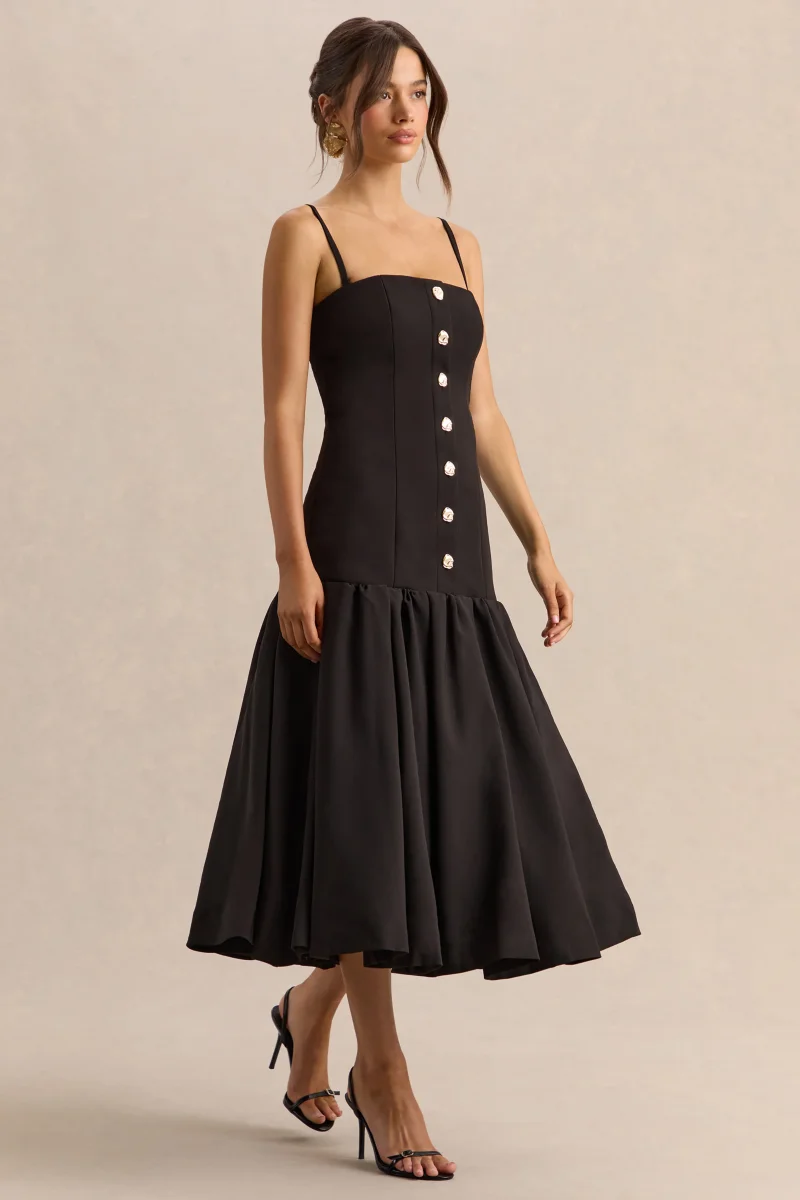 Briella | Vestido midi negro con escote bandeau y detalles de botones dorados - Imagen 8