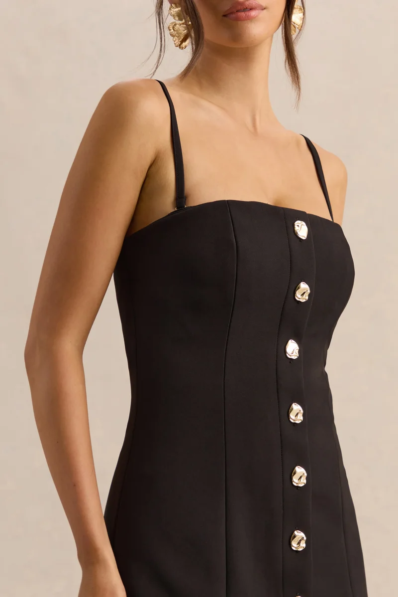 Briella | Vestido midi negro con escote bandeau y detalles de botones dorados - Imagen 9