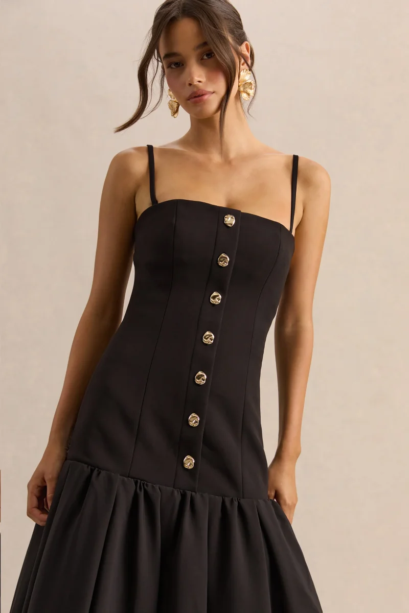 Briella | Vestido midi negro con escote bandeau y detalles de botones dorados - Imagen 4