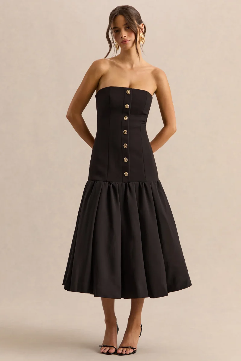 Briella | Vestido midi negro con escote bandeau y detalles de botones dorados - Imagen 6