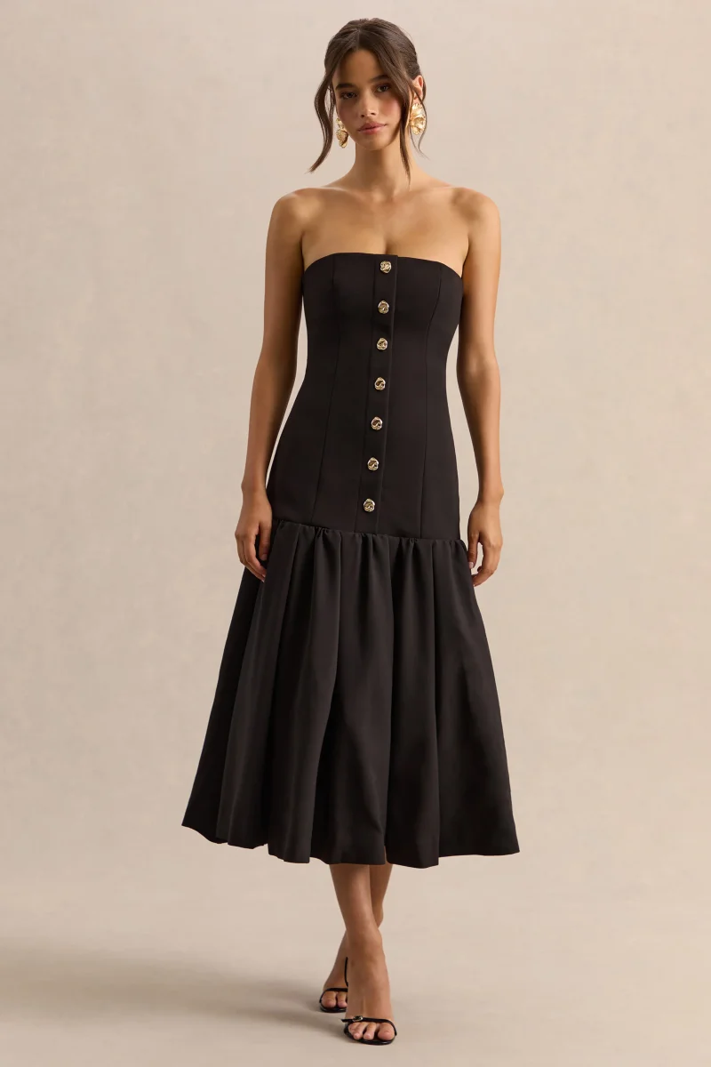 Briella | Vestido midi negro con escote bandeau y detalles de botones dorados - Imagen 7