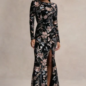 Lyric | Vestido Largo de Terciopelo Negro con Estampado de Flores Lentejuelas y Escote Alto