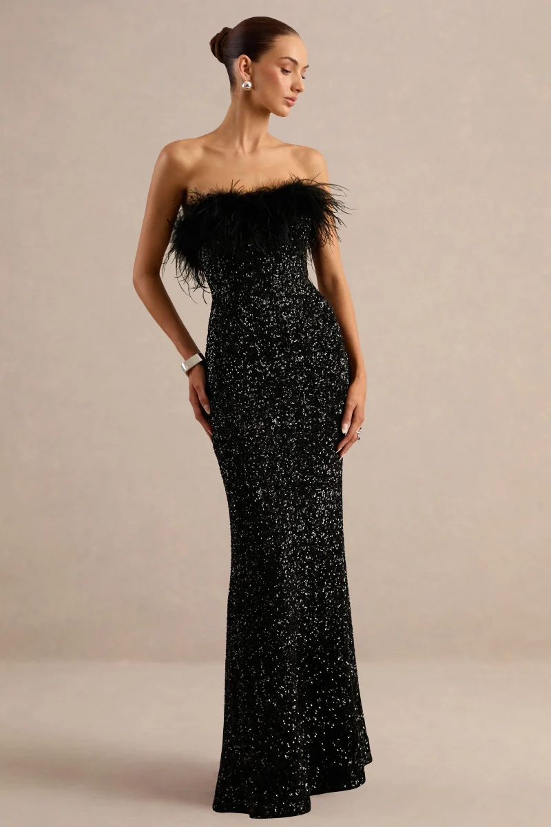Daze | Vestido Largo de Lentejuelas Negras con Escote Bandeau y Ribete de Plumas - Imagen 6
