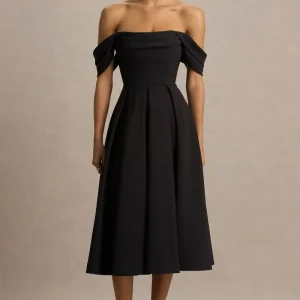 Cosima | Vestido midi negro con escote bardot