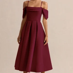 Cosima | Vestido midi burdeos con escote bardot