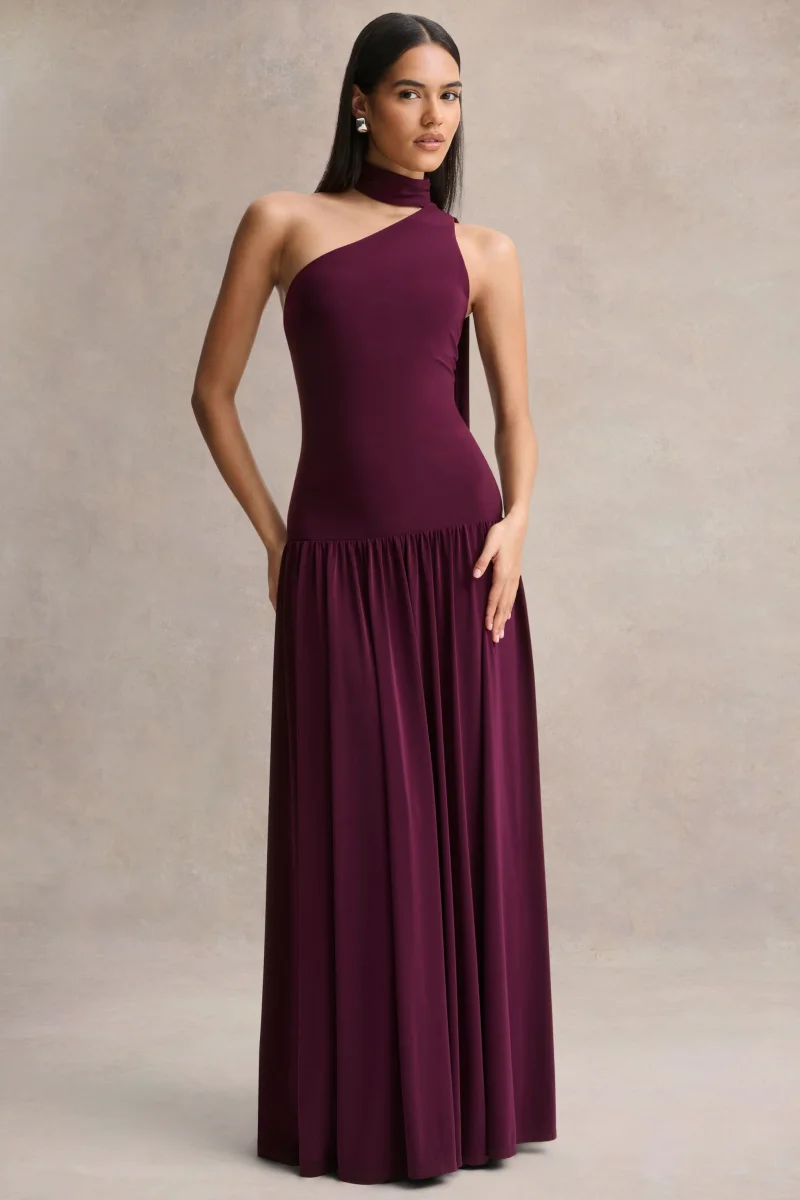 Freesia | Vestido Largo Color Ciruela con Escote Asimétrico y Detalle de Pañuelo - Imagen 2
