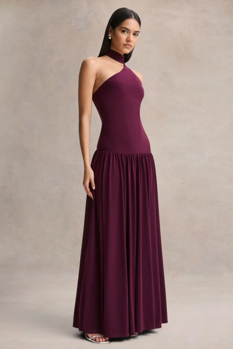 Freesia | Vestido Largo Color Ciruela con Escote Asimétrico y Detalle de Pañuelo - Imagen 6
