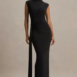 Solene | Vestido Largo Negro con Cuello Alto y Detalle de Nudo y Drapeado