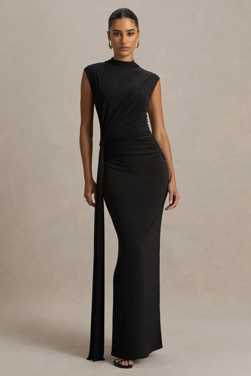 Solene | Vestido Largo Negro con Cuello Alto y Detalle de Nudo y Drapeado