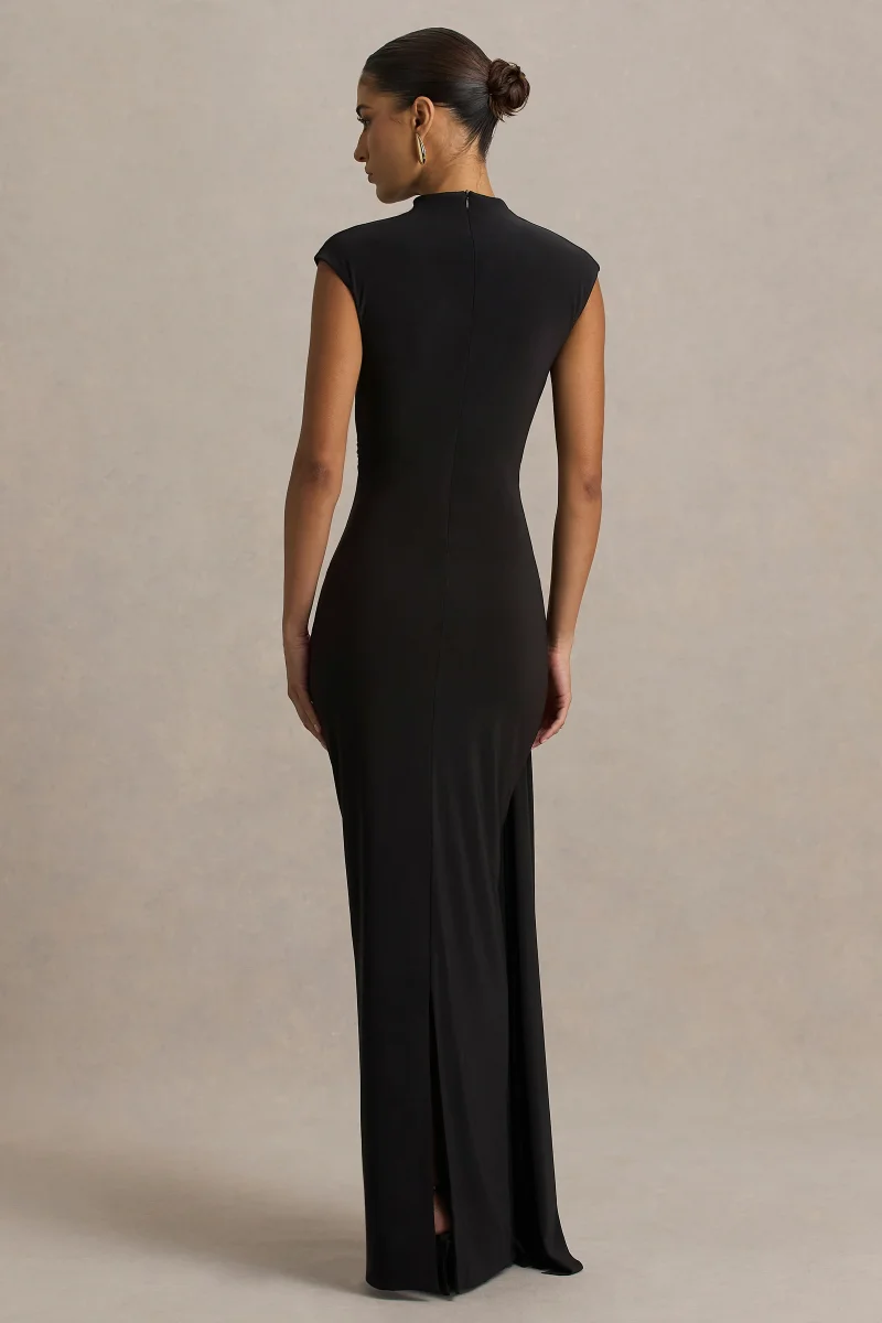 Solene | Vestido Largo Negro con Cuello Alto y Detalle de Nudo y Drapeado - Imagen 3