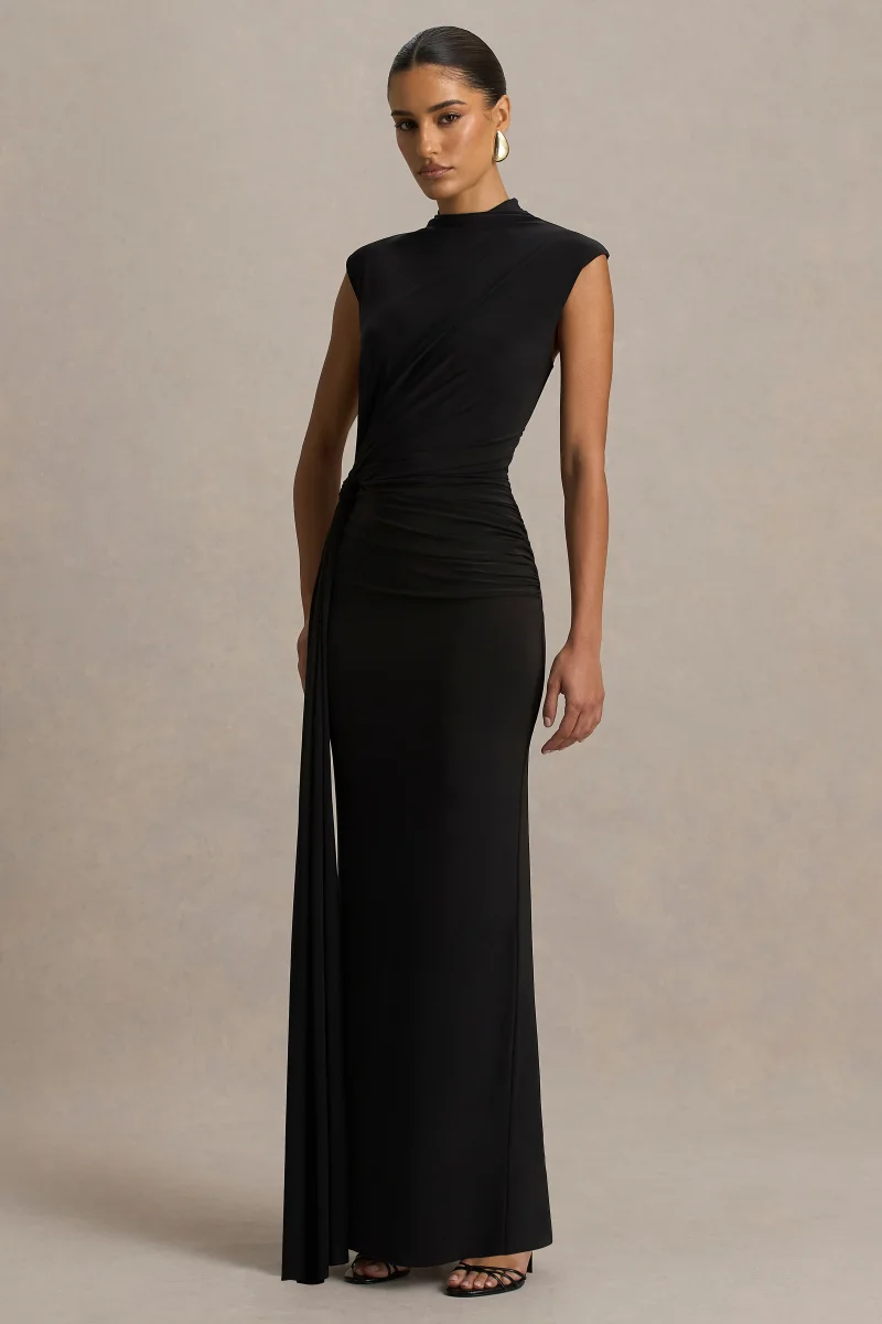 Solene | Vestido Largo Negro con Cuello Alto y Detalle de Nudo y Drapeado - Imagen 5