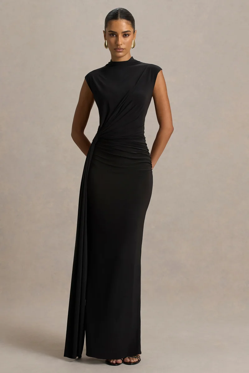 Solene | Vestido Largo Negro con Cuello Alto y Detalle de Nudo y Drapeado - Imagen 6