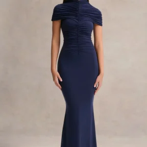 Azaria | Vestido largo azul marino de cuello alto con detalles fruncidos