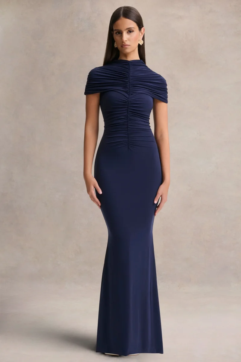 Azaria | Vestido largo azul marino de cuello alto con detalles fruncidos - Imagen 2