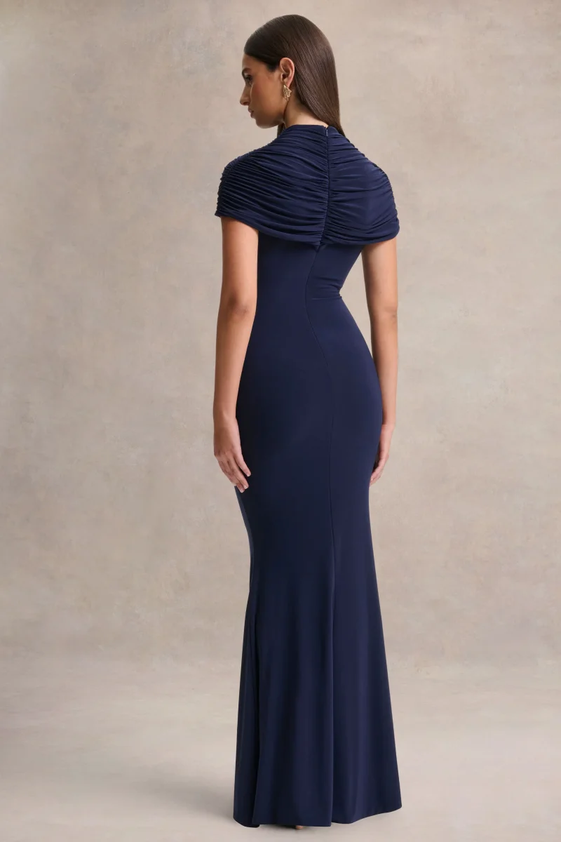 Azaria | Vestido largo azul marino de cuello alto con detalles fruncidos - Imagen 3