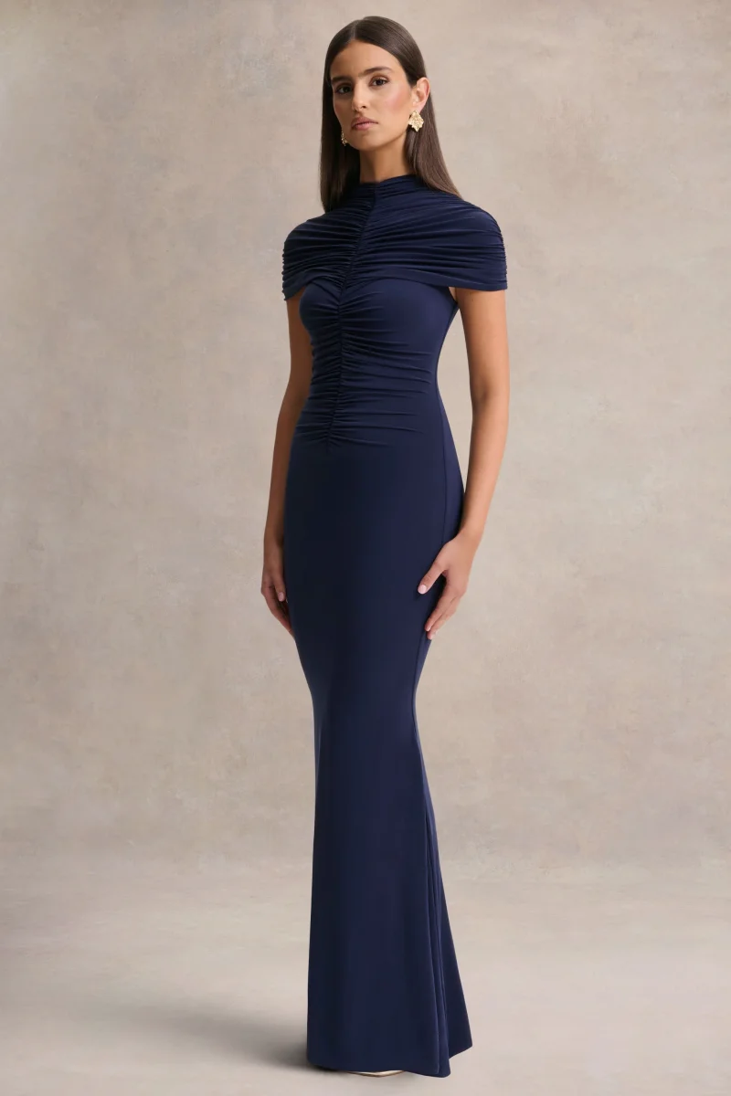 Azaria | Vestido largo azul marino de cuello alto con detalles fruncidos - Imagen 6